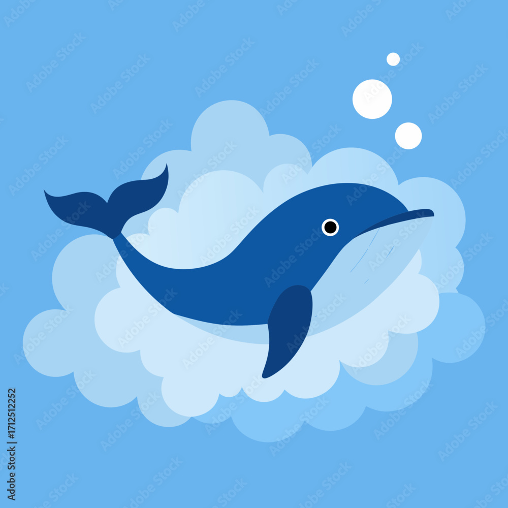 Fototapeta premium Cartoon Blue Whale Illustration with Fish in Mouth