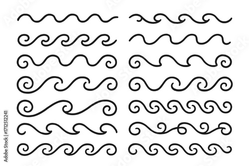 Wave line ornament border set. Vector collection of hand drawn doodle style sea waves and curly dividers. Abstract flow decoration elements. Simple ocean swirl pattern.