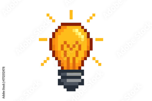 Pixel art light bulb icon. 8-bit retro gaming style graphic. Concept of idea, creativity, innovation, solution, and inspiration. Shiny electric lamp symbol for energy and power. Vector.
