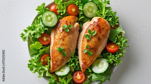 a juicy chicken fillet served with a fresh mixed green salad, containing crisp lettuce, cherry tomatoes, and cucumber slices, on a clean white background