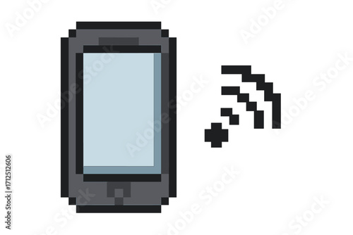 Pixel art smartphone icon with wifi signal. 8-bit mobile phone symbol for retro game. Wireless connection concept. Cellphone communication pictogram. Isolated vector illustration.