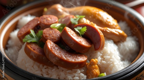 A close-up rice dish served with succulent pork sausage and tender chicken, meticulously arranged in a traditional clay pot, showcasing the vibrant colors and textures of Chinese cuisine
