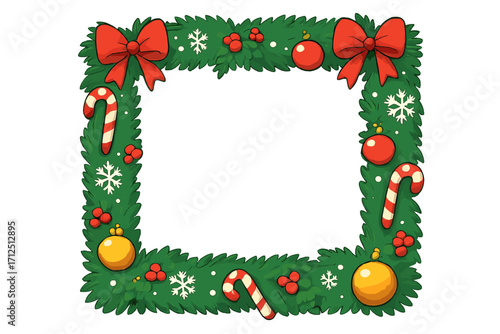 Christmas holiday frame with pine branches, red bows, candy canes, and ornaments. Festive winter border for New Year celebration. Vector cartoon illustration with copy space.