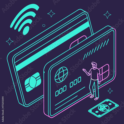 Isometric view of credit cards with wireless symbol and man illustration