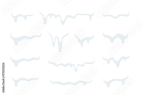 Set of snow caps, snowdrifts and icicles. Winter decoration elements. Frozen effect. Cartoon vector illustration for Christmas. Snowy weather design asset on white background.