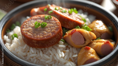 A close-up rice dish served with succulent pork sausage and tender chicken, meticulously arranged in a traditional clay pot, showcasing the vibrant colors and textures of Chinese cuisine