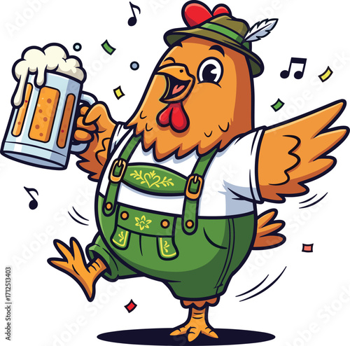 Cartoon chicken in Bavarian costume dancing with beer mug, Oktoberfest celebration, festive confetti, traditional outfit, cheerful party scene