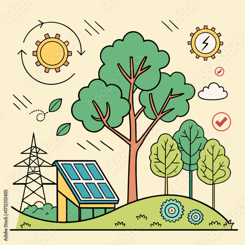 Illustration of green energy sources with solar panel, transmission tower and trees