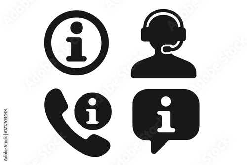 Information icon set. Customer service and support symbols. Call center operator with headset, phone, speech bubble. Helpdesk and contact us silhouette vector collection.