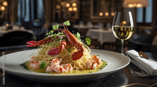 A decadent haute cuisine dish featuring tender spaghetti tossed with succulent lobster, creamy buffalo stracciatella cheese, and microgreens