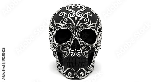 Intricate silver filigree adorns a black skull model, creating a striking contrast against a stark white background. The detailed craftsmanship is captivating.