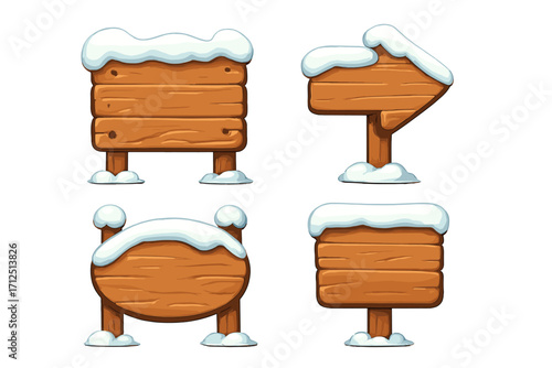 Wooden winter signs collection. Cartoon vector set of empty snow-covered signboards, blank wood planks, and rustic arrow pointers. For Christmas and holiday message.