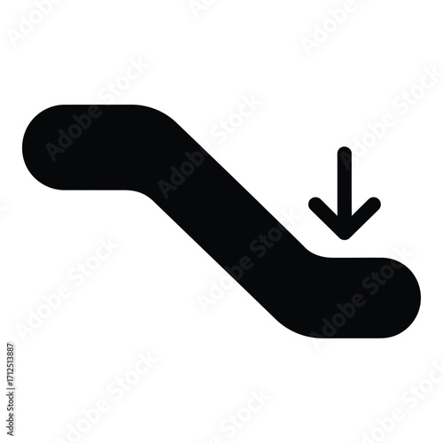 Black silhouette of escalator going down with downward arrow symbol for direction silhouette