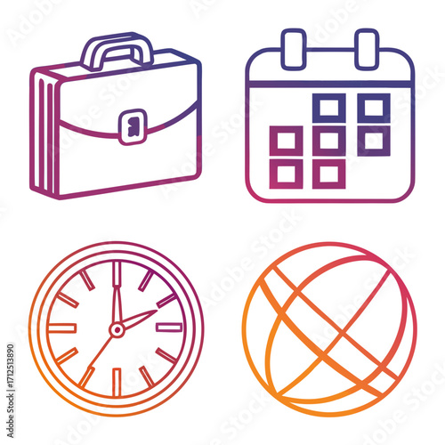 Icons representing business, planning, time management, and globalization