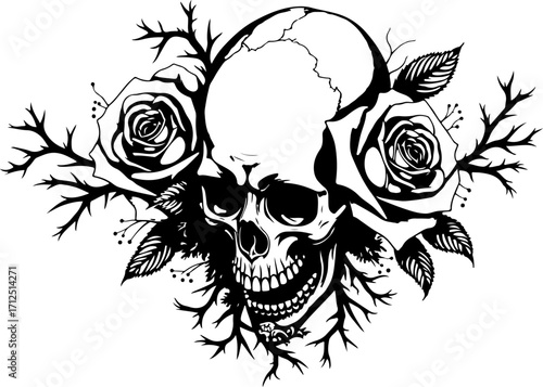 Triple Skull and Roses Illustration"