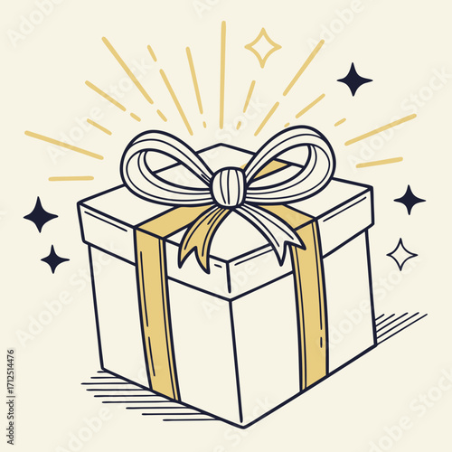 Closed gift box with white ribbon, ready to give