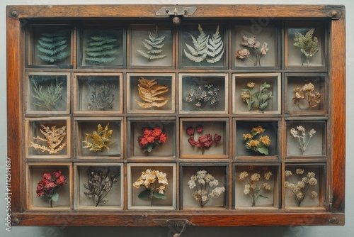Antique wooden box showcases a collection of preserved ferns and flowers in individual glass-covered compartments, creating a botanical display.