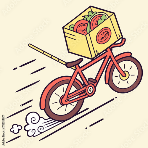 A bicycle delivering a box full of tomatoes at high speed illustration