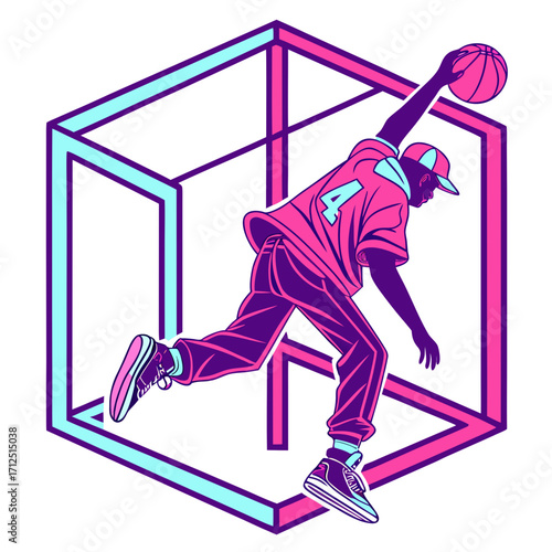 A basketball player dunks through an impossible cube in a modern style