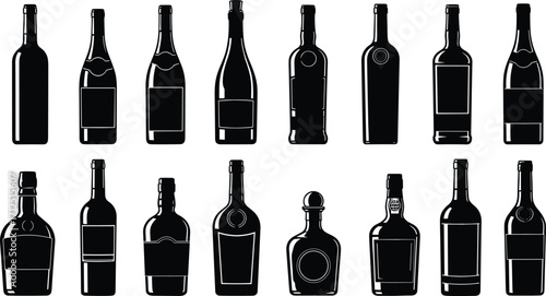 Bottle silhouette collection, beverage packaging design vector, black and white illustration for product branding, container shape comparison, and alcohol bottle styles