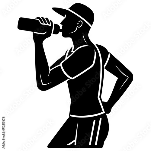 Silhouette of a Male Athlete Drinking Water from a Bottle Hydration and Fitness Concept