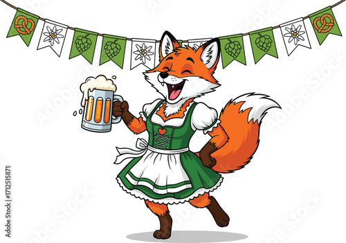 Cartoon fox in dirndl holding beer mug, Oktoberfest female character, traditional Bavarian costume, festive animal illustration for celebration scenes