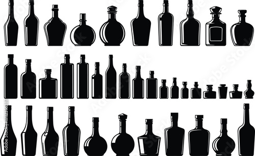 Bottle silhouette collection, packaging design vector, diverse container shapes, black and white illustration for product branding, beverage identity, and visual comparison