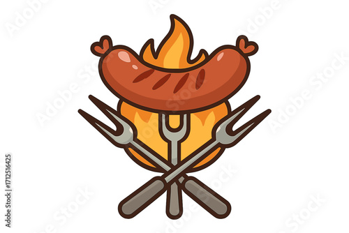 Barbecue logo with grilled sausage on fire and crossed forks. BBQ cookout emblem for restaurant or butcher shop. Vector cartoon illustration for grill party or meat festival.