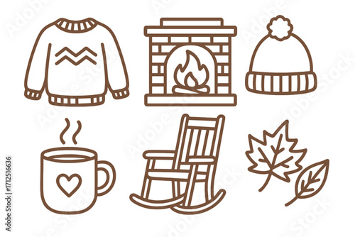Cozy autumn icon set. Vector linear collection with sweater, fireplace, beanie hat, hot drink mug, rocking chair, fall leaves. Hygge lifestyle and comfort concept cartoon.