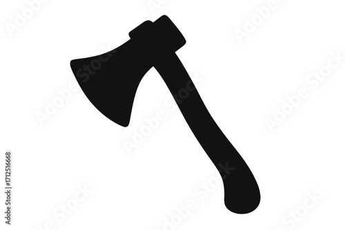 Axe icon silhouette. Hatchet vector graphic. Lumberjack tool for chopping wood. Camping equipment symbol. Sharp weapon pictogram. Isolated black simple shape illustration.