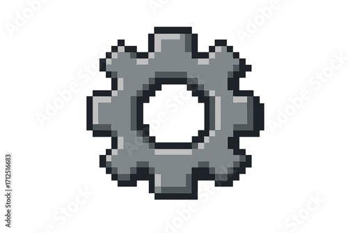 Gear pixel art icon. Settings cogwheel symbol. 8-bit retro gaming style. Mechanical engine part. Vector graphic for options, setup, configuration, process, and system.