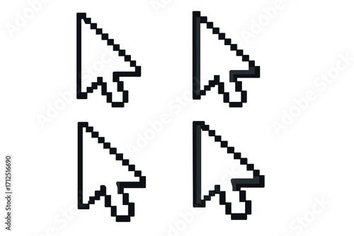Set of pixelated arrow cursors. Retro 8-bit computer pointer icons for navigation. Digital graphic user interface element. Vector illustration for web design click symbol.