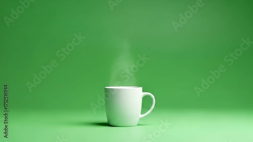 A white ceramic mug sits on a bright green background, steam rising from its warm contents.