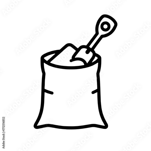 A minimalist image of a sandbag with a shovel filled with sand