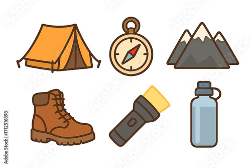 Essential camping gear and hiking equipment icon set. Vector illustration of outdoor adventure items: tent, compass, mountains, boots, flashlight, and water bottle cartoon.