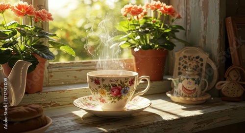 A sunny windowsill display of teacup, flowers, and warm treats, showcasing a relaxing atmosphere.