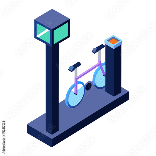 Isometric Smart Bicycle Charging Station and Electric Bike Parking Hub with Digital Kiosk
