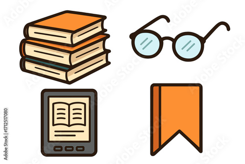 Reading icons set with book stack, glasses, e-reader and bookmark symbol. Library and education vector graphics. Literature, knowledge, study, learning cartoon illustrations.