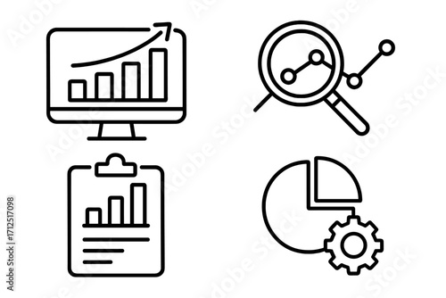 Data analytics linear icons set. Business intelligence and statistics symbols. Financial report, market research graph, growth chart, data processing vector illustration.