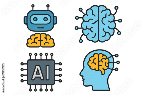 Artificial intelligence icon set. Machine learning, deep learning, robotics concepts. Vector cartoon illustration of robot head, brain, AI chip processor, and human mind symbol.