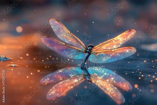 A stunning iridescent dragonfly gracefully reflects in shimmering water, creating a magical and ethereal scene.