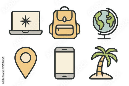 Minimal travel icon set for vacation and work. Digital nomad concept. Vector cartoon illustration of laptop, backpack, globe, map pin, smartphone, and palm tree for tourism.