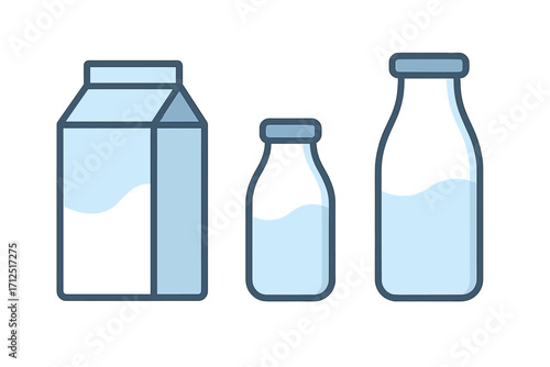 Milk pack and milk bottle vector icon set. Flat style cartoon illustration of dairy drink containers. Fresh milk packaging collection for graphic design. Liquid food product.