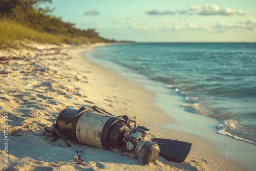 Washed up scuba gear rests on a sandy beach with a calm ocean backdrop, hinting at ocean pollution.