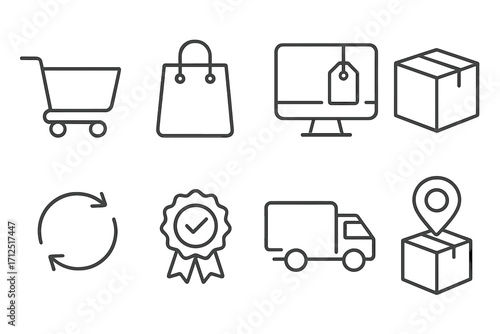 Online shopping and logistics vector icon collection. Minimalist line art for e-commerce, shipping, package tracking, and easy returns. Web and UI graphic elements set.