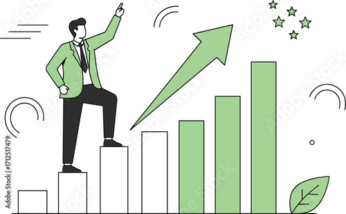 Business growth illustration, success concept, bar chart progress, upward arrow, achievement stars, confident pose, vector art, isolated on white background