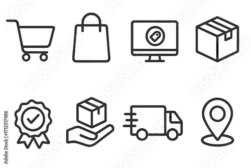 E-commerce & delivery service line icon set. Symbols for online shopping, shipping, logistics, and order fulfillment. Vector collection with cart, bag, package, tracking & quality.