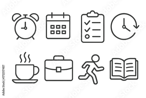 Daily routine and time management line icon set. Business productivity and scheduling symbols. Vector collection with alarm clock, calendar, checklist, coffee, and briefcase.