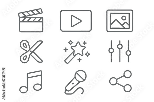 Multimedia icon set. Video editing and creation linear icons. Audio, photo, and film production symbols. Social media sharing and content creation graphic elements.