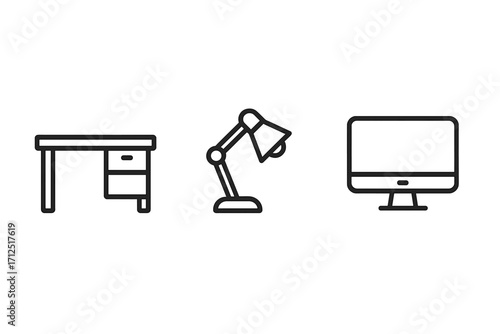 Office icons set. Vector line art of workspace essentials. Includes desk, adjustable table lamp, and computer monitor. Modern business furniture and equipment illustration symbols.